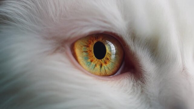 Extreme macro photorealistic footage of a cute Angora cat's eye, brilliant golden-amber iris