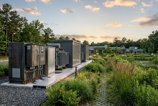 Modern Electrical Substation with Lush Greenery and Sunset Sky.