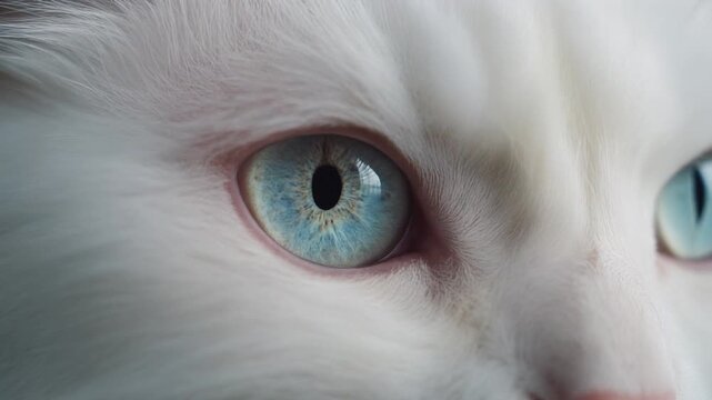 Extreme macro photorealistic footage of a cute Angora cat's eye, crystal-clear ice-blue iris