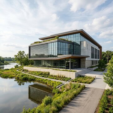 Modern Glass Building Overlooking Serene Water Body with Lush Greenery.