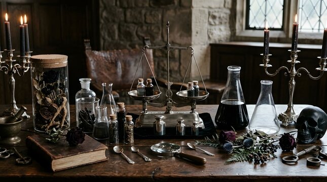 Ancient alchemist laboratory desk with antique balance scales and potions