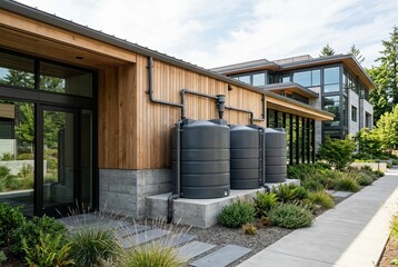 Obraz premium Modern Home with Rainwater Harvesting System and Lush Landscaping.