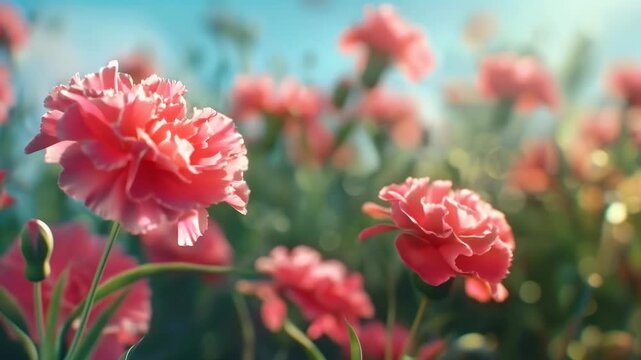 Close-up of Pink Ruffled Carnations in a Sunlit Garden
