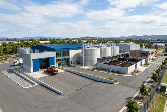 Modern Industrial Facility with Large Storage Tanks and Trucks.