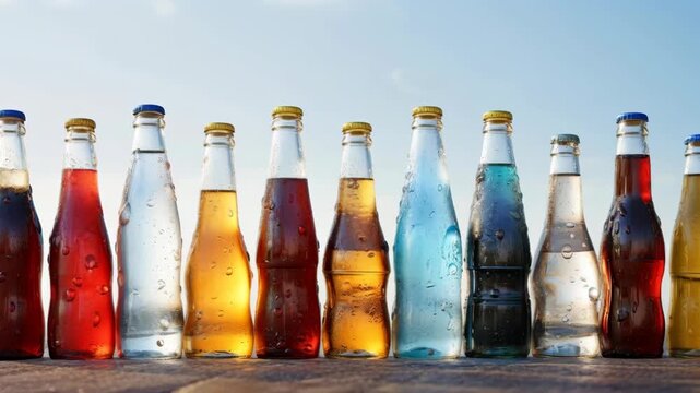 Row of Colorful Soda and Juice Bottles against Blue Sky