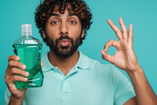 Funny young hispanic man shows okay sign holding green mouthwash bottle. Silly guy makes funny face with puffed lips for oral hygiene concept. Bearded male person uses antiseptic liquid for dental
