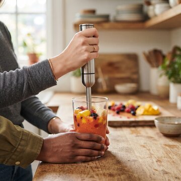 Two people making a healthy fruit smoothie using an immersion blender in a modern kitchen
