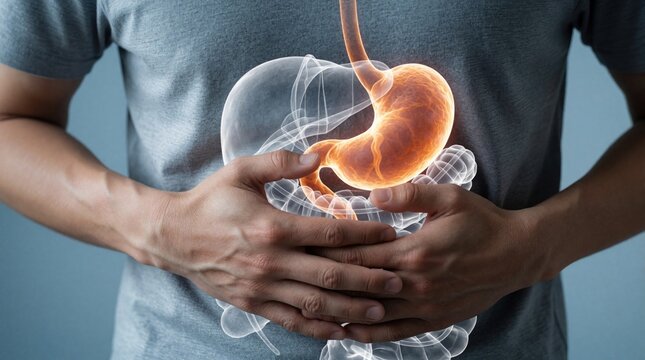 Man holds abdomen in pain with digital stomach overlay. Close up of person feeling abdominal discomfort, digestive issues. Medical illustration shows human stomach organ inside body for healthcare