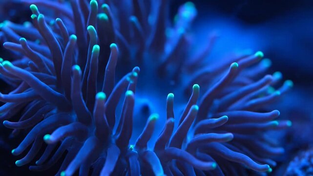 Abstract blue coral tentacles gently sway in the deep ocean while revealing fluorescent green tips creating an ethereal underwater scene