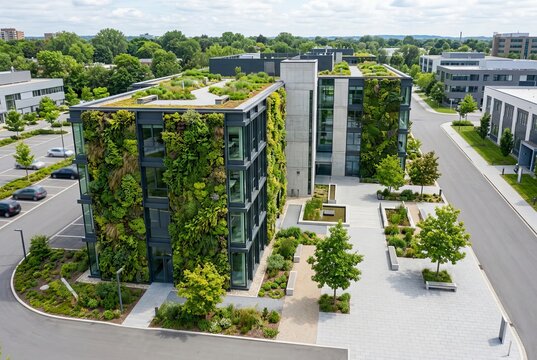 Modern Office Building with Vertical Green Walls and Rooftop Garden.