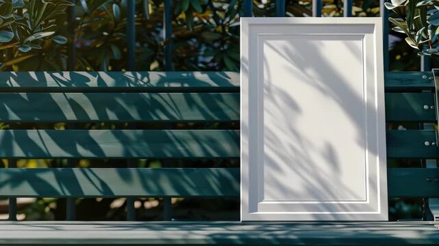 Empty White Picture Frame on Wood Bench in Sunny Garden with Leaf Shadows