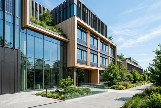Modern Sustainable Office Building with Green Rooftop and Lush Landscaping.