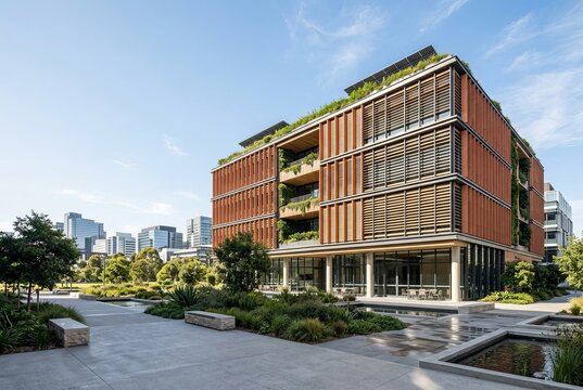 Modern Sustainable Office Building with Green Rooftop and Lush Landscaping.