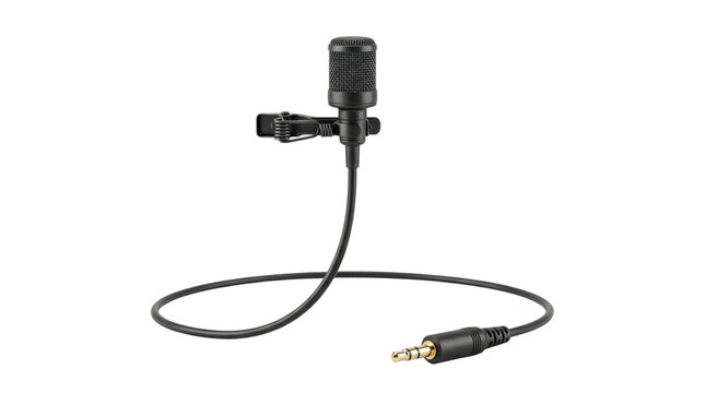 Professional black lavalier microphone, compact clip-on mic for clear audio recording, essential sound equipment for interviews and presentations, high-quality vocal capture device.