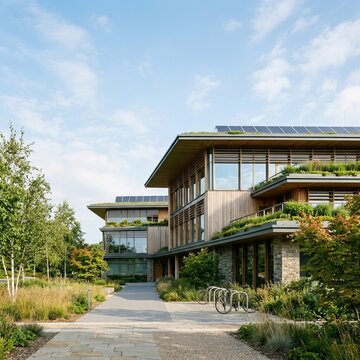 Modern Sustainable Office Building with Green Roof and Landscaping.