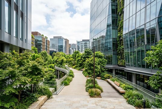 Modern Urban Oasis with Lush Greenery and Sleek Architecture.