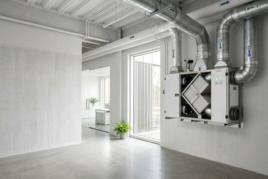 Modern Ventilation System Unit Installed on a White Wall in a Contemporary Interior.