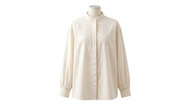 Elegant cream-colored long-sleeve blouse, a sophisticated women's fashion garment with a mandarin collar, perfect for professional wear or casual chic outfits