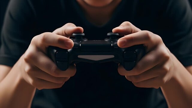 Enthusiastic gamer holding a wireless controller firmly while focusing on playing an intense digital video game during a leisure session at home in the evening
