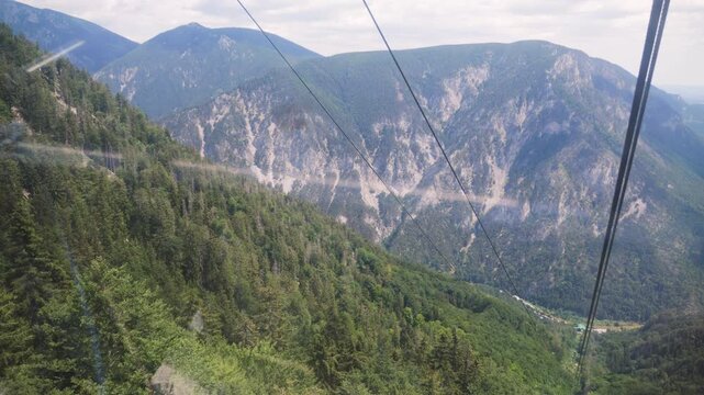 View of a dense forest while moving with a cable car to the Raxalpe in Austria