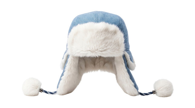 Cozy blue denim trapper hat, a warm winter accessory with soft white faux fur lining and playful pom-pom ties, perfect for cold weather fashion and outdoor activities.