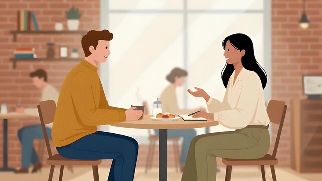 Two people engaged in conversation at a coffee shop table, discussing ideas over drinks and pastries.