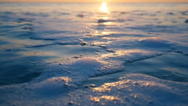 Golden sunset illuminating ocean waves with white foam washing ashore in a tranquil mood during dusk