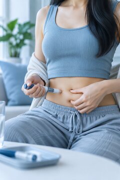 Slim woman self-injecting GLP-1 medication with an injector pen into her abdomen, illustrating semaglutide treatment with discretion and clarity.