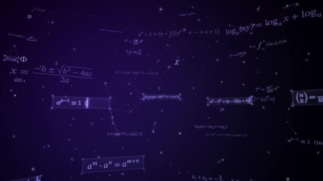 Mathematical equations and symbols drift across a glowing purple star field