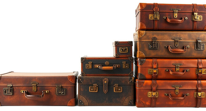 Vintage leather suitcases stacked for travel and adventure themes