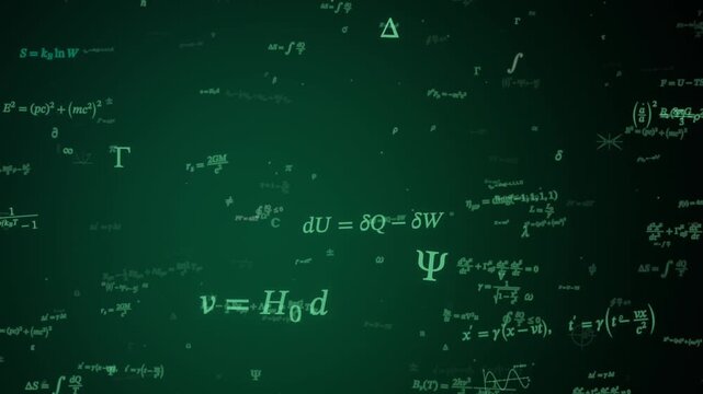 Physics equations drift across a dark green background as mathematical symbols shift
