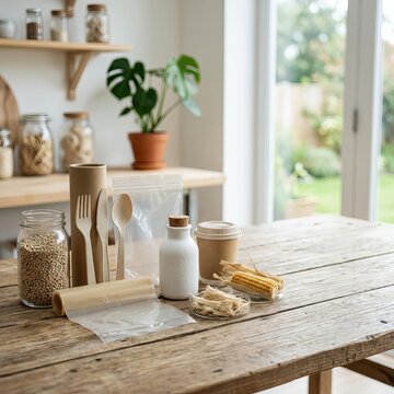 Sustainable Kitchen Essentials Laid Out on a Rustic Wooden Table.