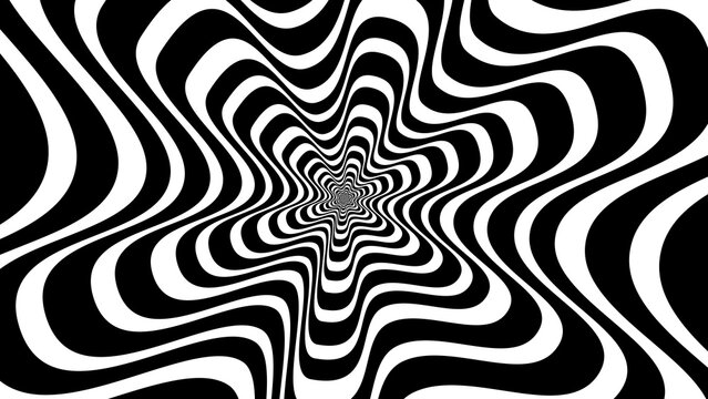 Captivating black and white vector background featuring a hypnotic optical illusion with distorted wavy lines