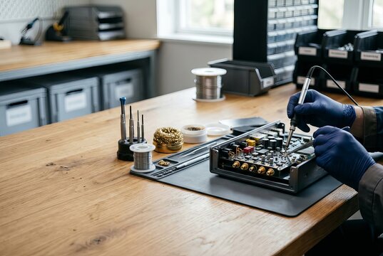 Technician Soldering Electronic Circuit Board with Precision Tools.