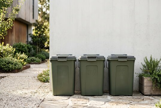 Three green recycling bins lined up outside a modern house.