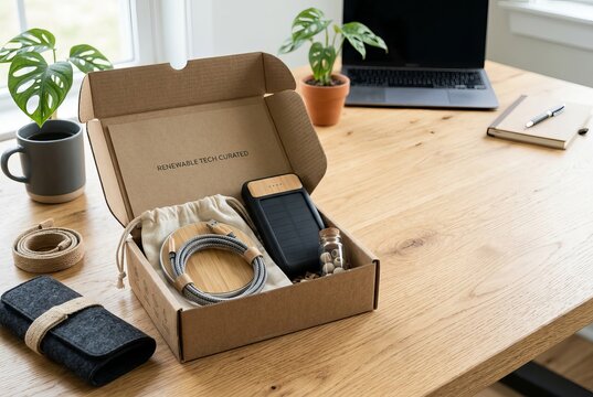 Unboxing a New Tech Gadget and Accessories on a Wooden Desk.