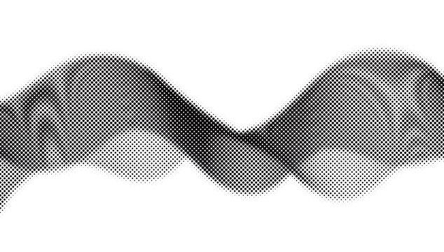 Abstract black and white wave pattern formed by a halftone dot gradient, flowing horizontal shape on a plain white background
