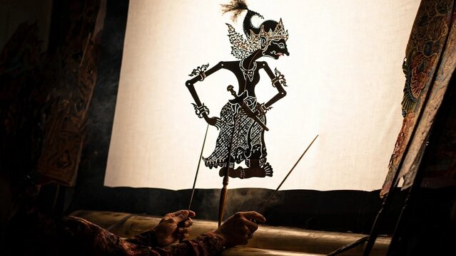 Traditional Javanese wayang kulit shadow puppet performance with dalang