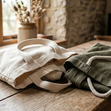 Two Natural Fabric Tote Bags on a Wooden Table.