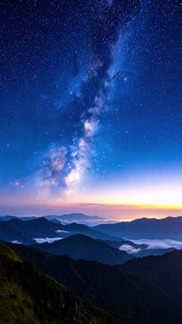 Astronomy and space exploration milky way galaxy over mountain range at night with twilight horizon and clouds in the valley