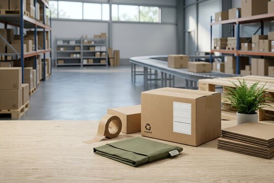 Warehouse interior with cardboard boxes and packing supplies ready for shipment.