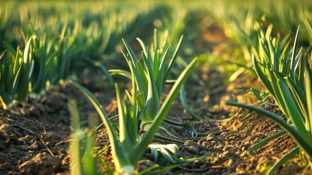 Young Garlic Sprouts Growing in a Field at Golden Hour