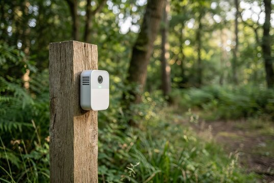White motion-activated wildlife camera mounted on a wooden post in a lush green forest setting.