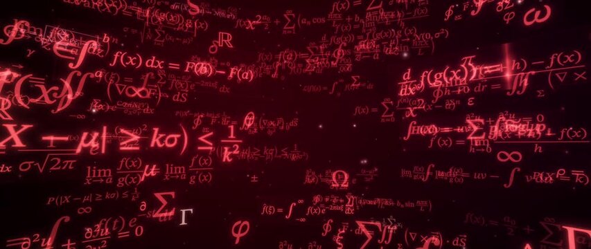 Glowing mathematical equations float and shift across a dark red abstract background
