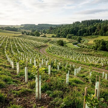 Young Forest Plantation with Protective Sleeves on Saplings in Rolling Hills.