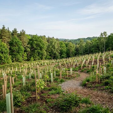 Young Forest Plantation with Protective Stakes and Lush Greenery.