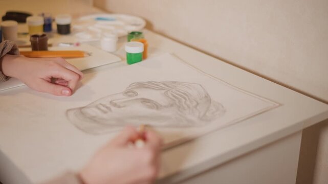 Hands sketching portrait with pencils on paper surrounded by art supplies. scene shows detailed progression of drawing lines and adding features to create artistic work