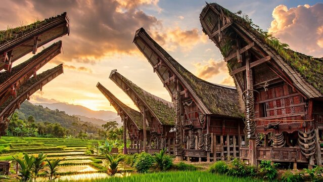 Traditional Toraja tongkonan houses with boat-shaped roofs in Sulawesi Indonesia