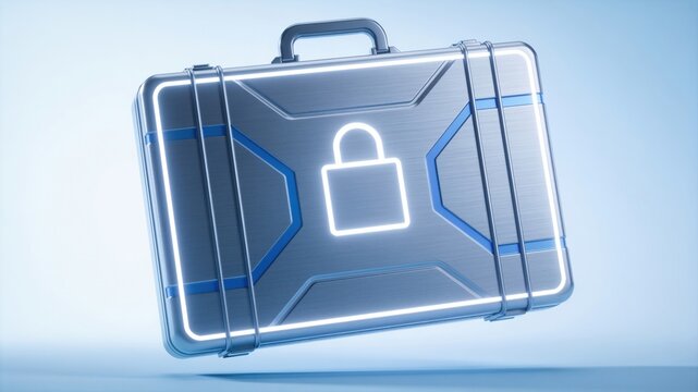 Sleek Metallic Briefcase with Illuminated Padlock Symbol for Cybersecurity and Secure Data Storage