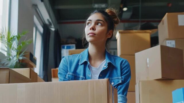 Young woman in denim shirt looking up among cardboard boxes in a warehouse